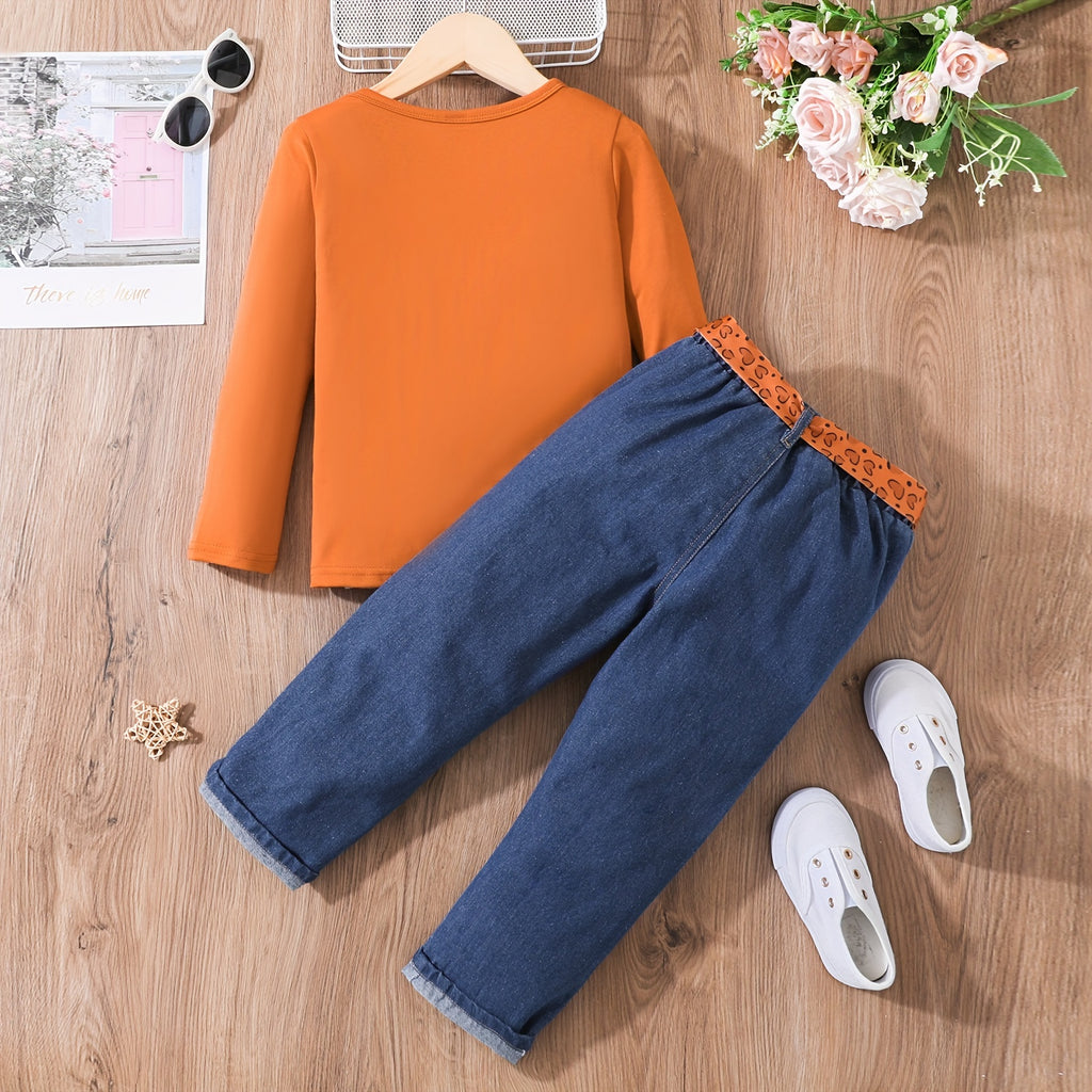 2pcs Girl's Figure Print Long-sleeve Tee and Belted Ripped Denim Jeans Set, Casual Outdoor Clothing