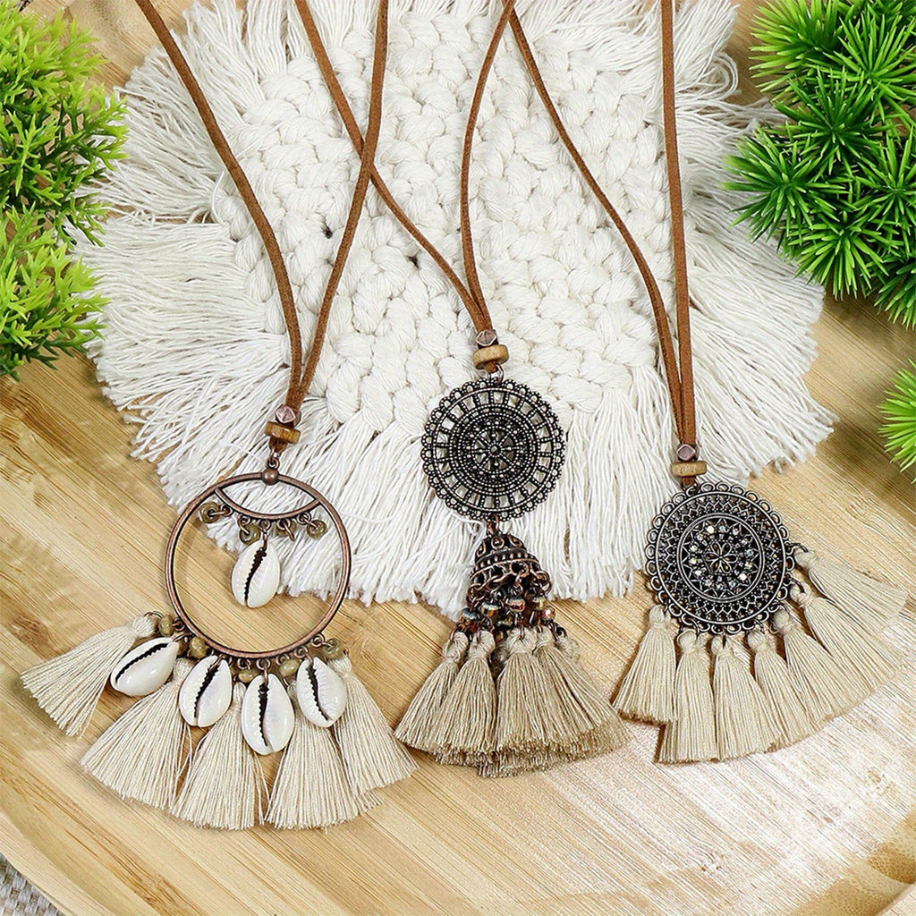 3pcs Ethnic Style Women's Fashion Pendant Necklace Set with Floral Tassel Pendant, Bronze Enamel Drip Zinc Alloy with Glass Rhinestone Inlay, Vintage Necklace