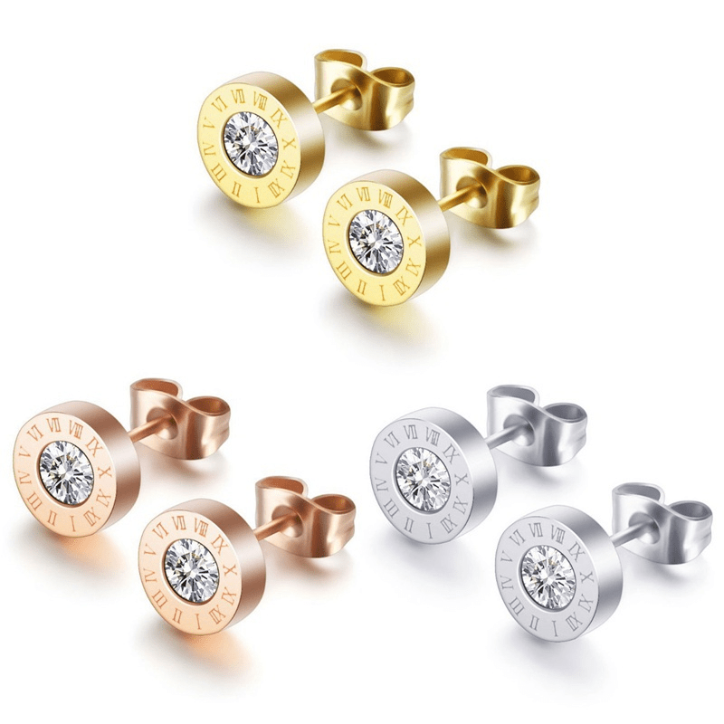 [1 Pair Roman Numeral Earrings] Stainless Steel Roman Numeral Earrings for Women - 1 Pair Fashion Synthetic Zirconia Valentine's Day Gift