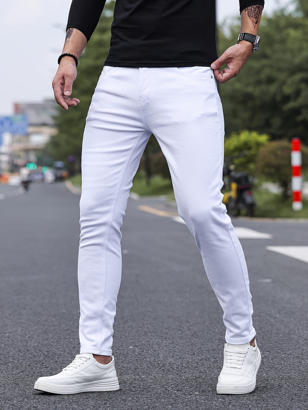 Mid Stretch Slim Fit Jeans, Men's Casual Street Style Contrast Stitching Denim Pants For Spring Summer