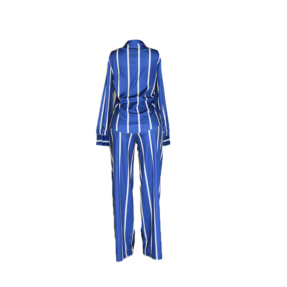 Women's Striped Print Two-piece Set - Button Front Collar Long Sleeve Shirt & High Waist Wide Leg Loose Pants Set - Casual Style - For Women - Perfect for Everyday Wear & Loungewear - Great Gift for Fashionable Women