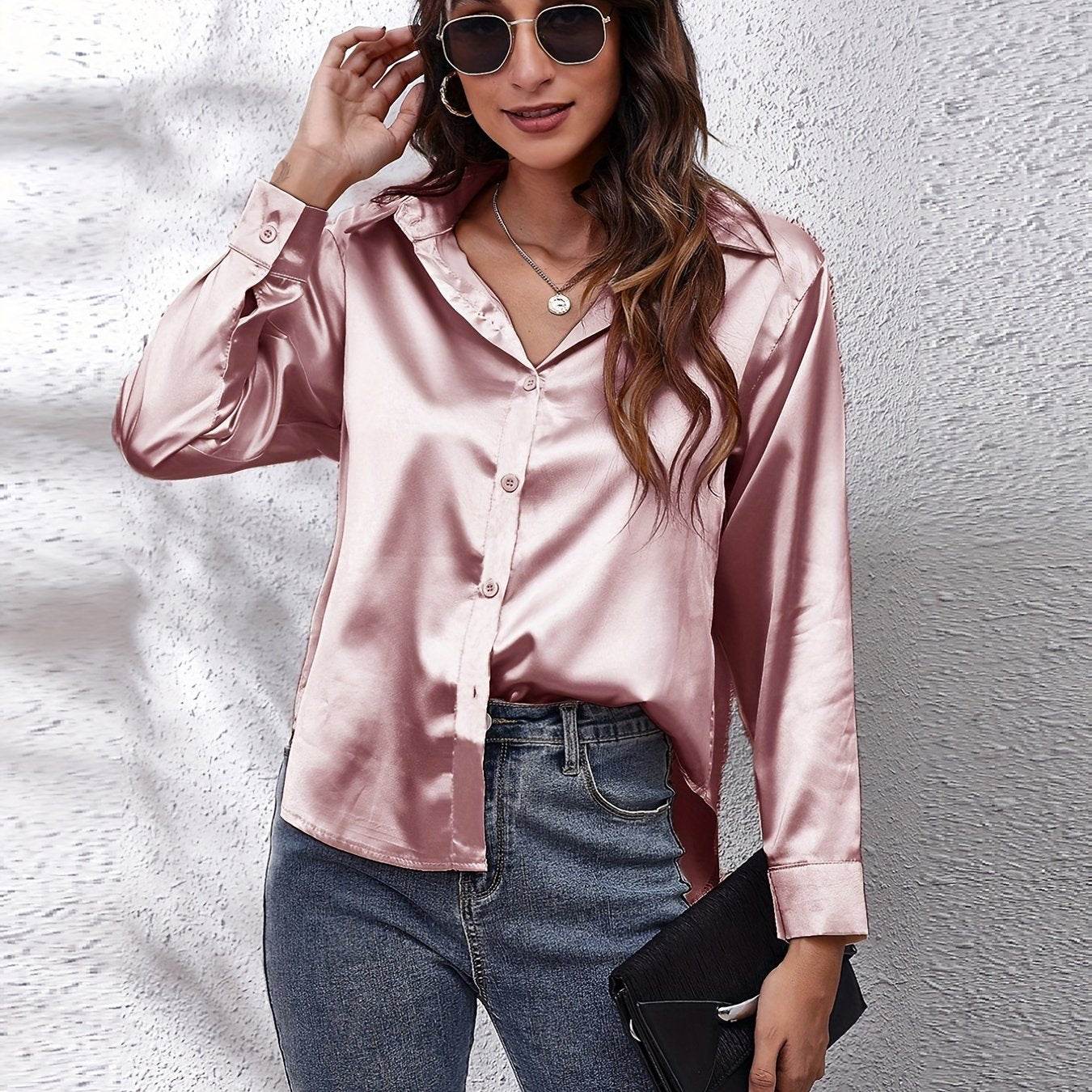 Hot Style In-Kind Shooting Satin Shirt Women'S Satin Imitation Long-Sleeved Shirt New European And American Cross-Border Women'S Clothing