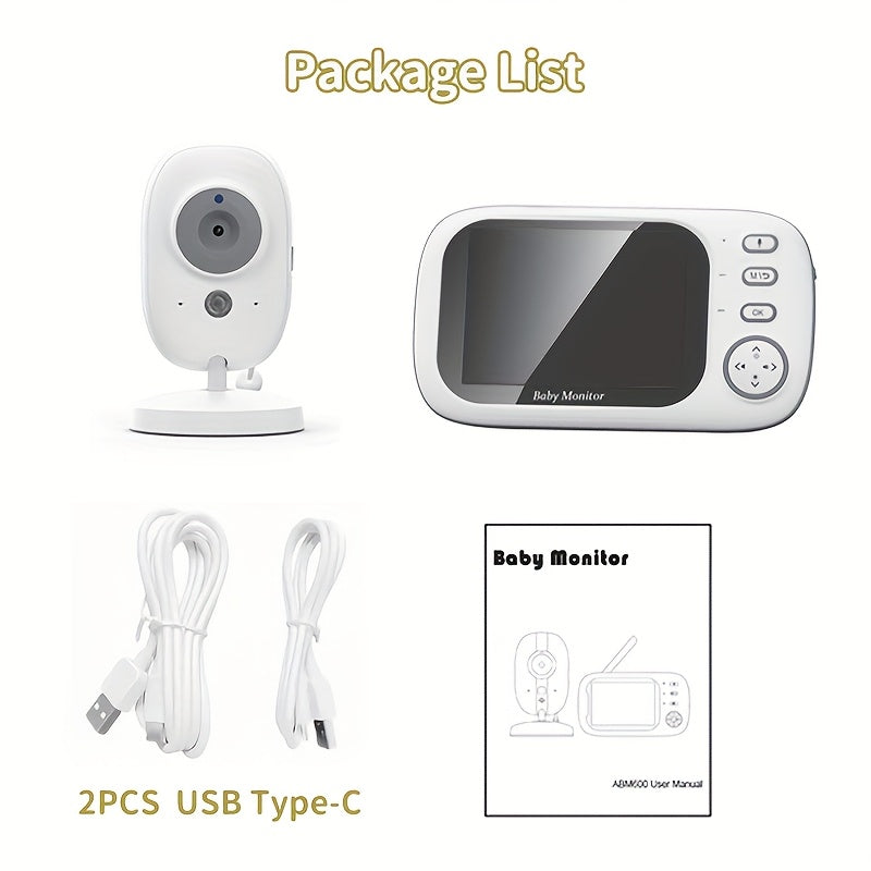 720P HD Wireless Monitor with 3.5" LCD Screen, 900ft Range, Auto Night Vision, 2-Way Audio, Temperature Sensor, 8 Soothing Lullabies, USB Rechargeable, Smartphone Compatible, ABS Material, Square Shape, Monitor Camera