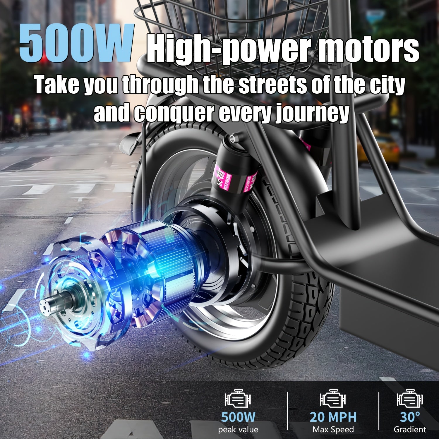 Electric Scooter with Seat, 30 Miles Long Range & 20Mph Top Speed, 14" Pneumatic Tire, Height Adjustable Seat &Handlebar, Dual Suspensions Commuting Scooter with Basket