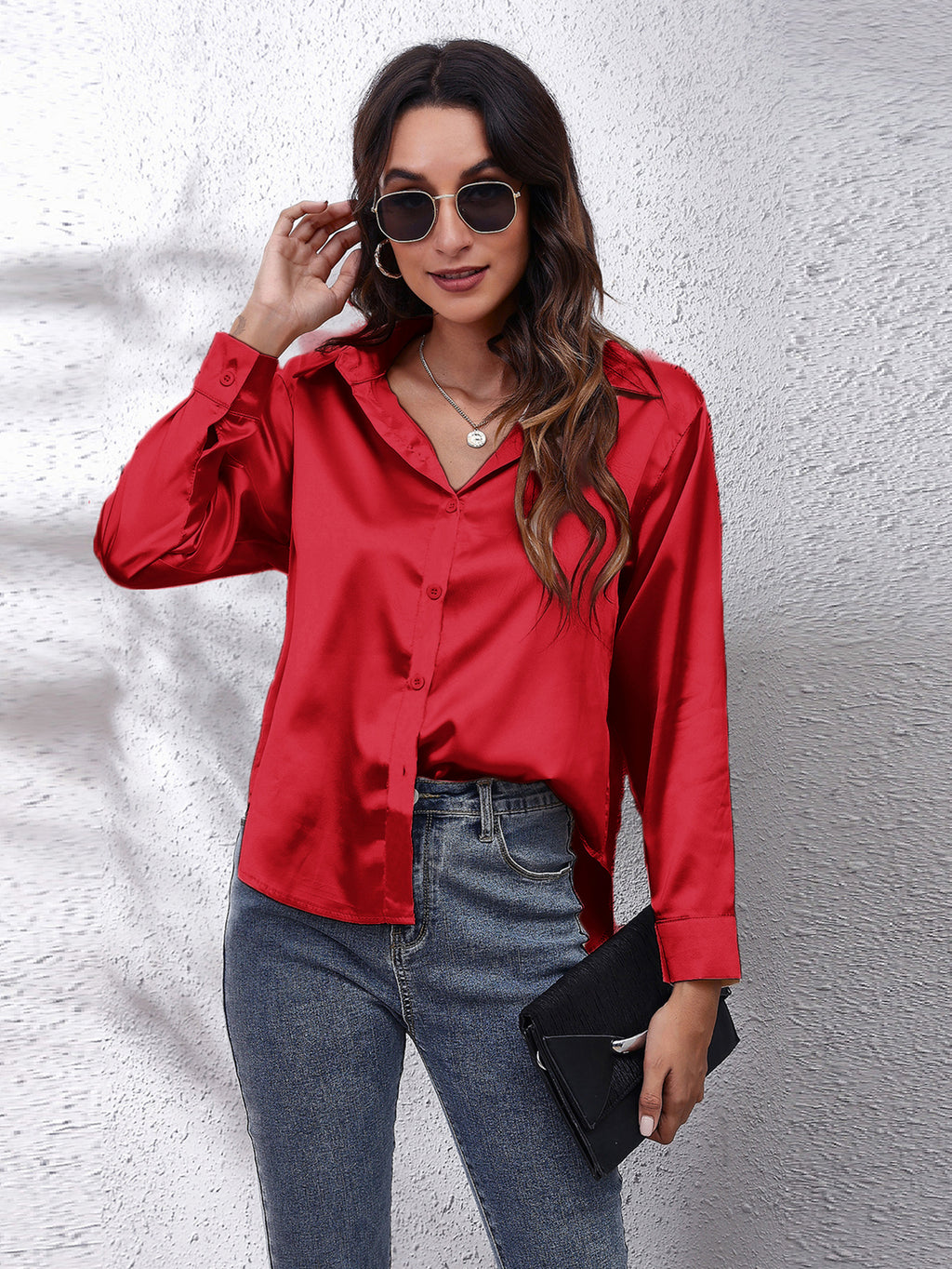 Hot Style In-Kind Shooting Satin Shirt Women'S Satin Imitation Long-Sleeved Shirt New European And American Cross-Border Women'S Clothing