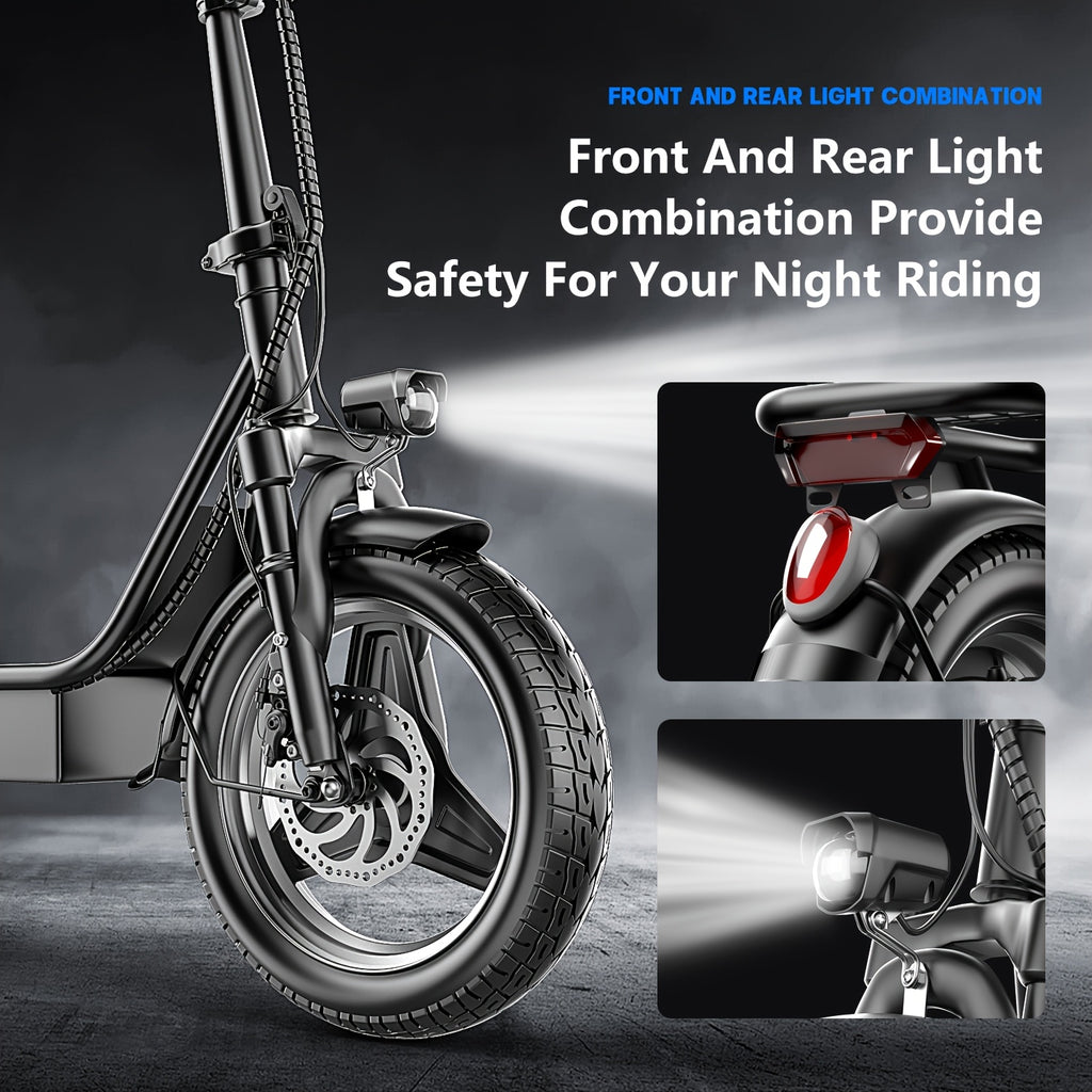 Electric Scooter for Adults Featuring a 650W/350W Peak Motor, Capable of Covering Distances of 21 to 30 Miles. It Includes a Seat, Box, And Basket, Along with Disc Brakes. The Scooter Operates on a 48V 15A Or 36V 7.5A System