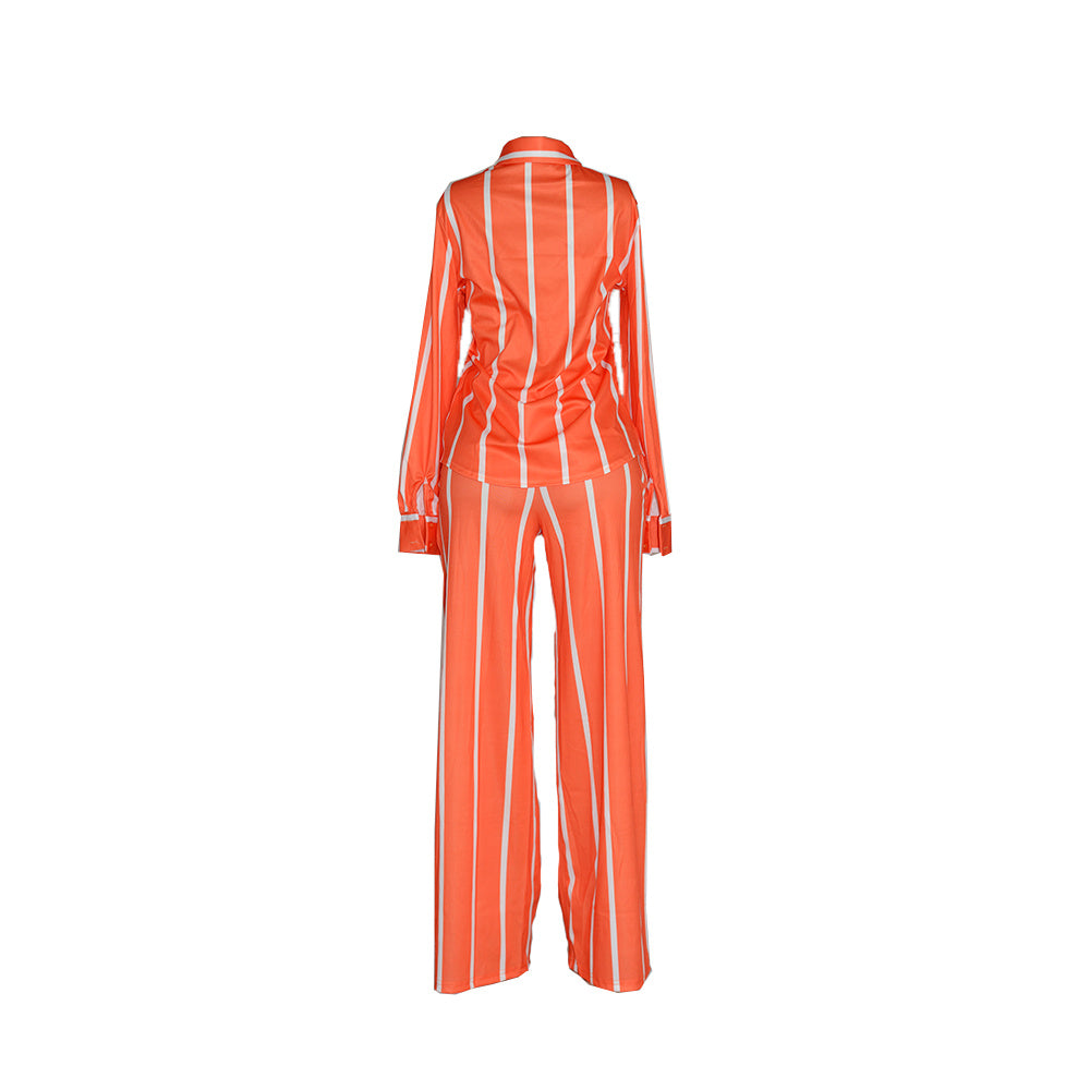 Women's Striped Print Two-piece Set - Button Front Collar Long Sleeve Shirt & High Waist Wide Leg Loose Pants Set - Casual Style - For Women - Perfect for Everyday Wear & Loungewear - Great Gift for Fashionable Women