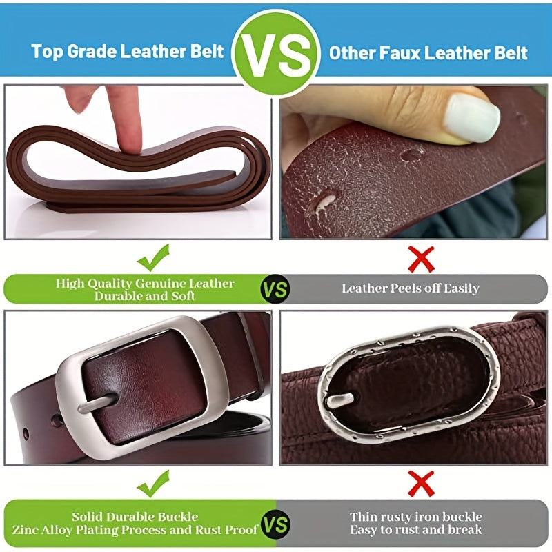 Women'S Genuine Leather Belt - Elegant Brown Leather Strap with Metallic-like buckle, for Jeans, Dresses, Formal & Everyday Outfits - Durable Everyday & Special Occasion Belt for Women, Versatile Fashion Accessory, Sophistica