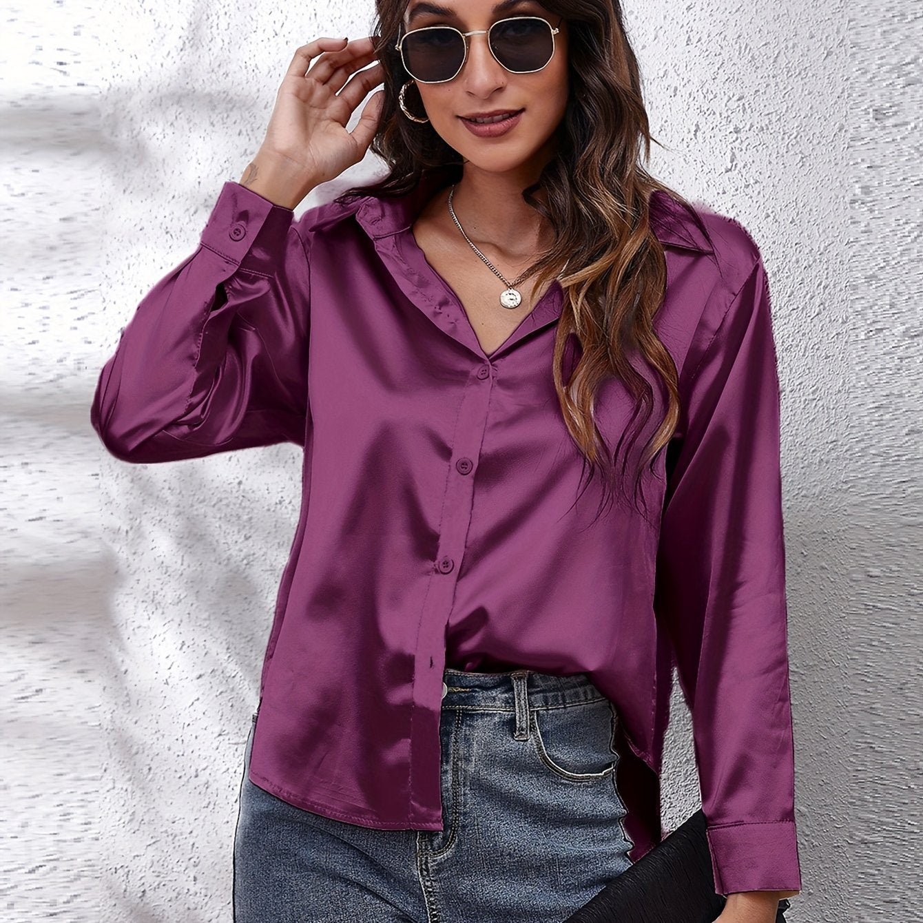 Hot Style In-Kind Shooting Satin Shirt Women'S Satin Imitation Long-Sleeved Shirt New European And American Cross-Border Women'S Clothing