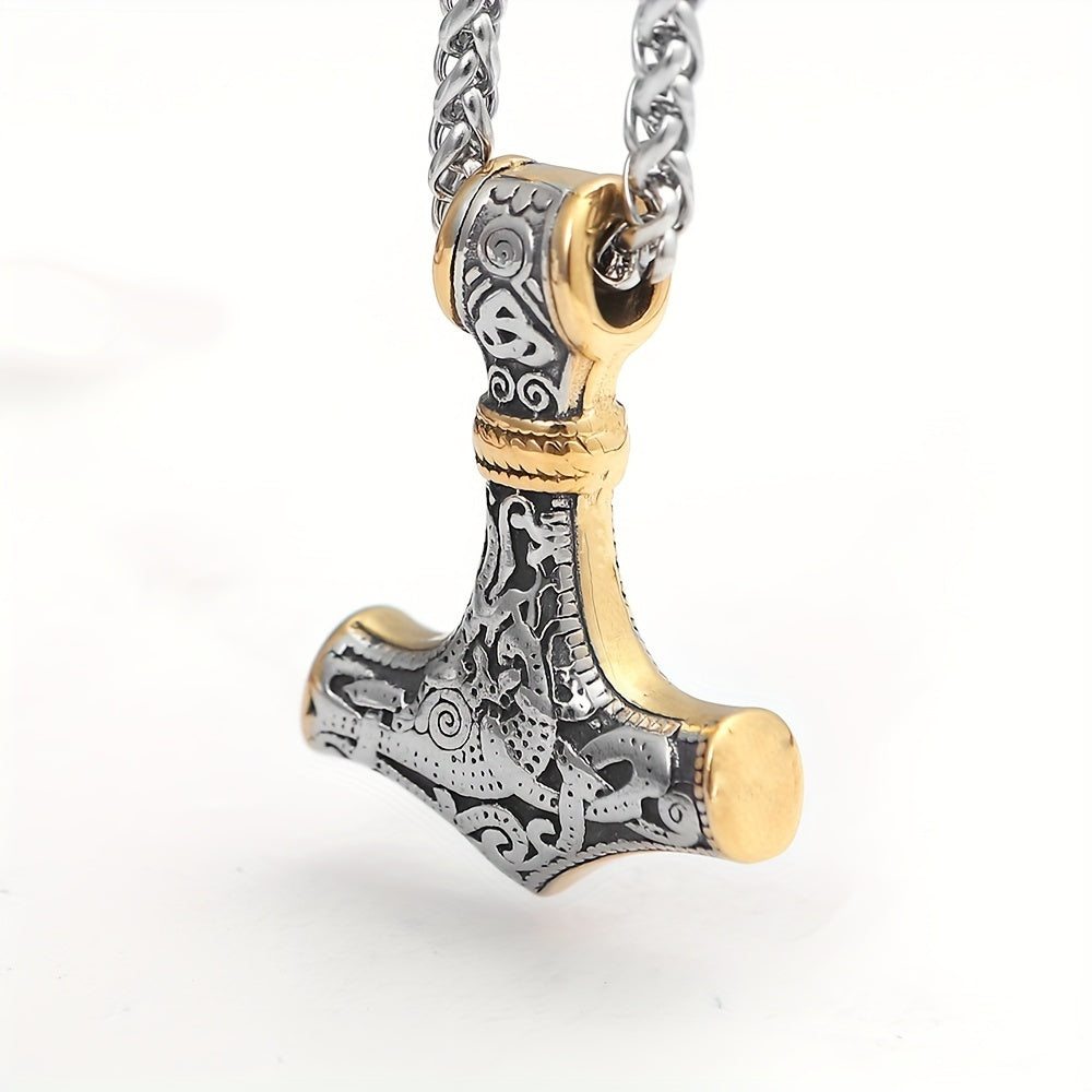 Viking Double Color Hammer Pendant Necklace, Stainless Steel Men's Necklace Viking Jewelry