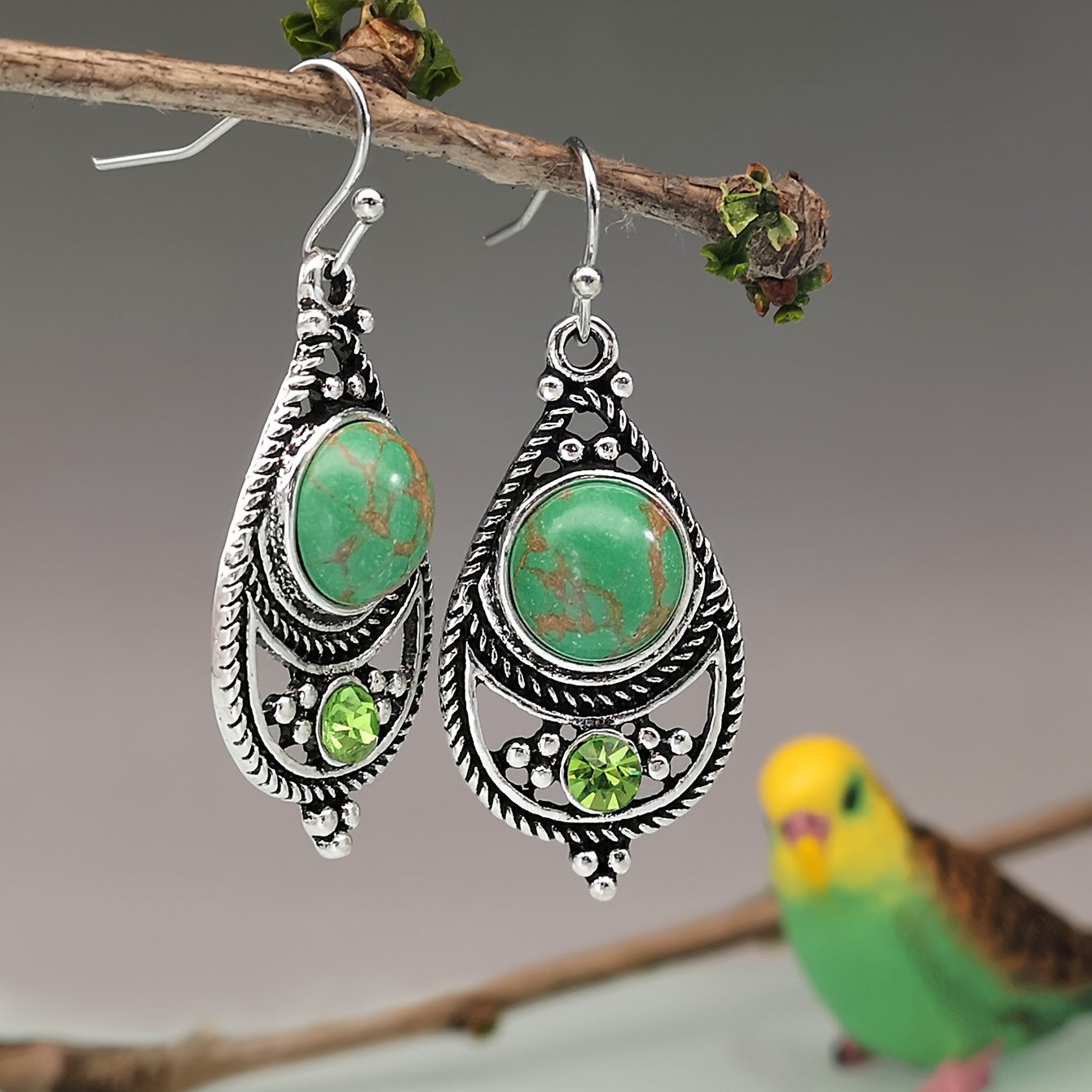 [Vintage Boho Earrings] Green Aventurine Vintage Boho Dangling Earrings | Alloy, English Style, Stainless Steel Ear Needle, for Daily Wear, Office, Street, Party, Vacation, Gift