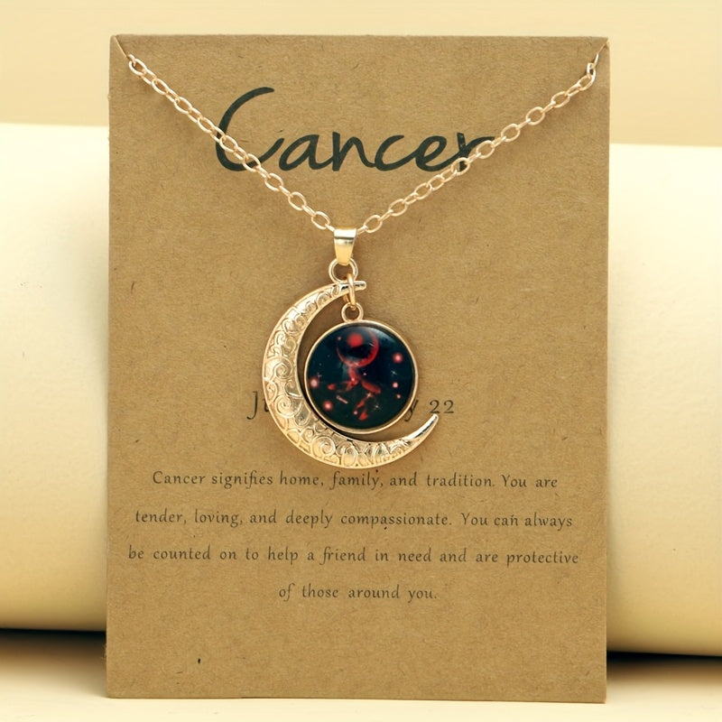 Glow-in-the-Dark Zodiac Necklace with Vintage Moon Pendant - Stylish Aquarius/Sagittarius/Leo/Leprechaun/Night & Sun Signs, Colorful Glass Charms, Zinc Alloy, Perfect Gift for Men