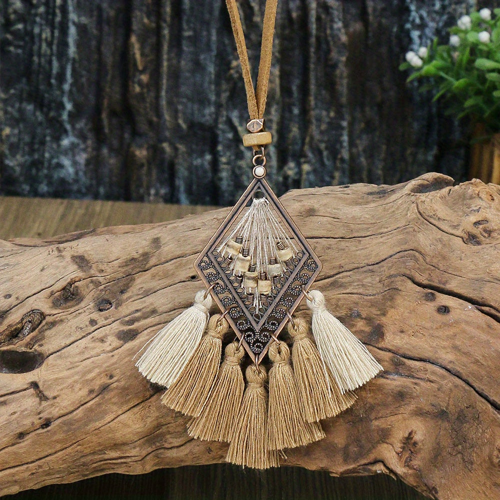 3pcs Ethnic Style Women's Fashion Pendant Necklace Set with Floral Tassel Pendant, Bronze Enamel Drip Zinc Alloy with Glass Rhinestone Inlay, Vintage Necklace
