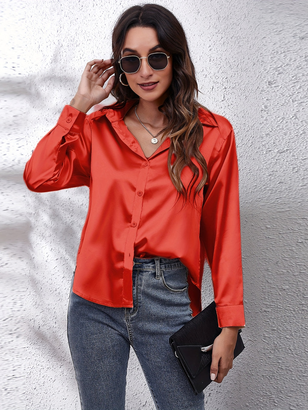 Hot Style In-Kind Shooting Satin Shirt Women'S Satin Imitation Long-Sleeved Shirt New European And American Cross-Border Women'S Clothing
