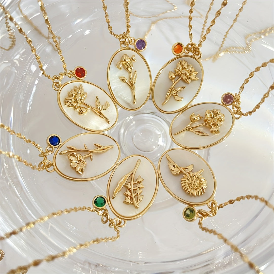 A Three-Dimensional Oval-Shaped Pendant Necklace Made of Golden with a Birthstone And White Mother-Of-Pearl, Featuring a December Flower Design