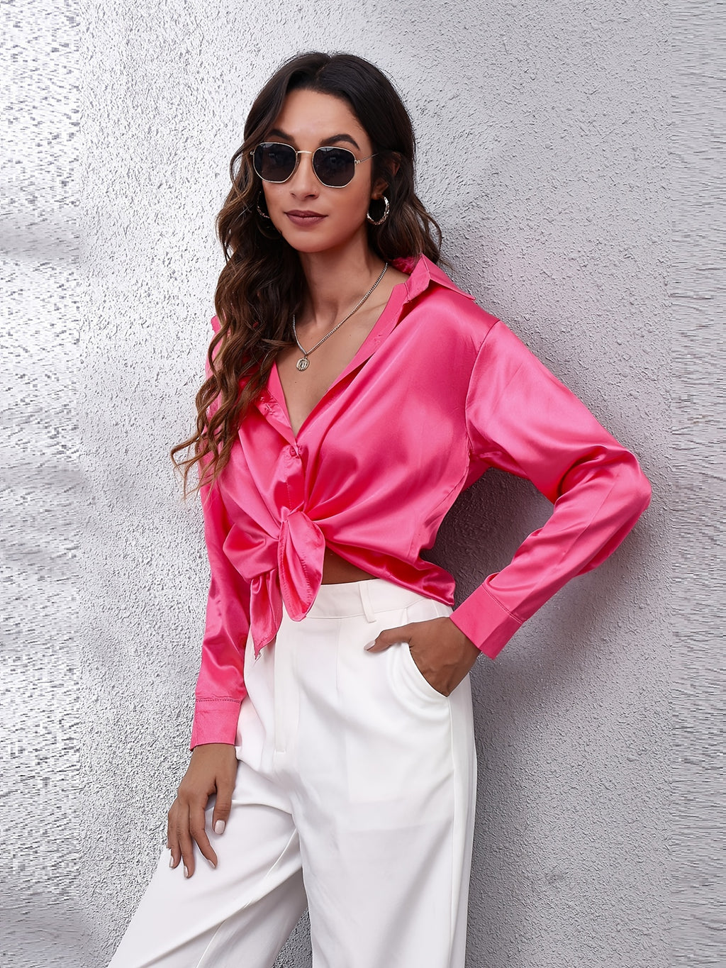 Hot Style In-Kind Shooting Satin Shirt Women'S Satin Imitation Long-Sleeved Shirt New European And American Cross-Border Women'S Clothing