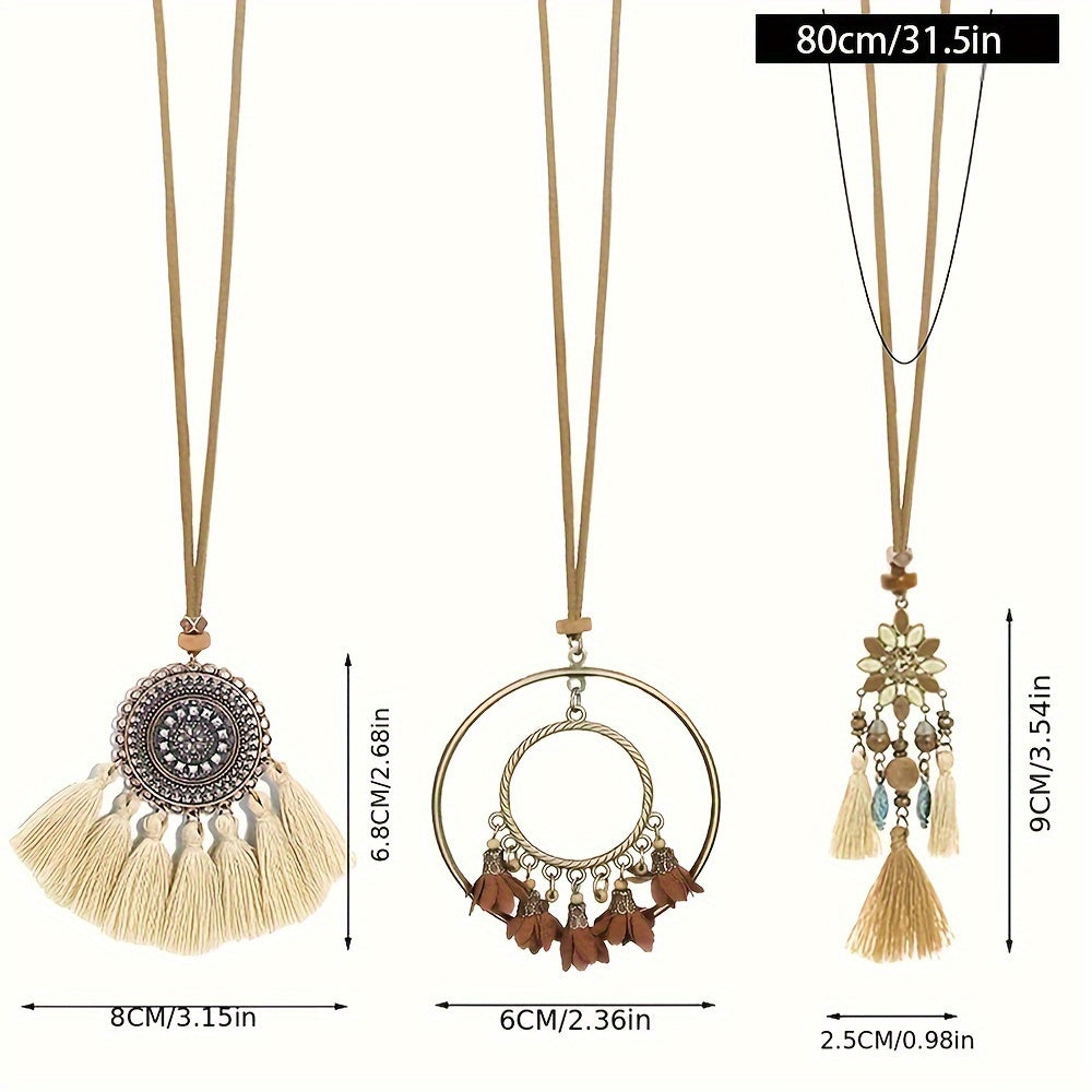 3pcs Ethnic Style Women's Fashion Pendant Necklace Set with Floral Tassel Pendant, Bronze Enamel Drip Zinc Alloy with Glass Rhinestone Inlay, Vintage Necklace