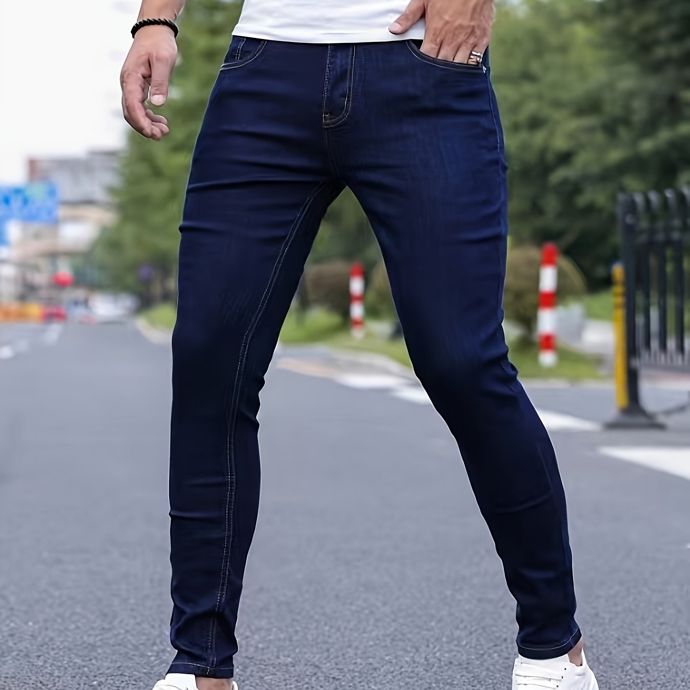 Mid Stretch Slim Fit Jeans, Men's Casual Street Style Contrast Stitching Denim Pants For Spring Summer