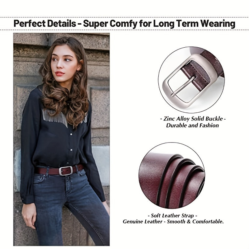 Women'S Genuine Leather Belt - Elegant Brown Leather Strap with Metallic-like buckle, for Jeans, Dresses, Formal & Everyday Outfits - Durable Everyday & Special Occasion Belt for Women, Versatile Fashion Accessory, Sophistica