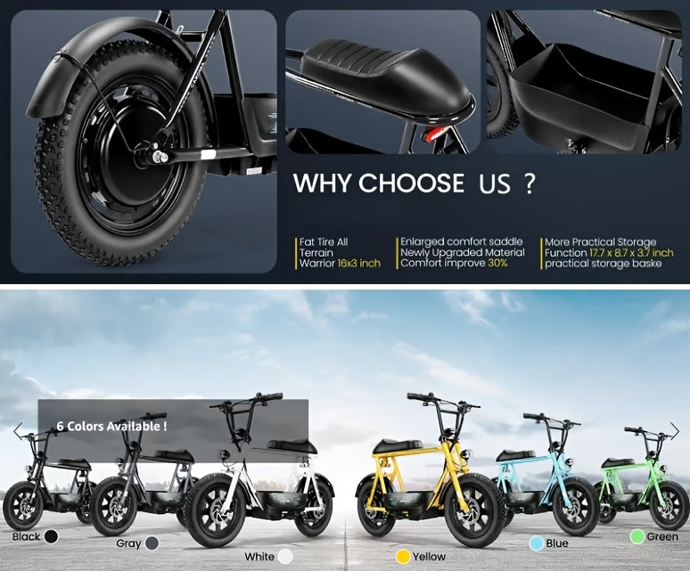 1pc Caroma 500W Electric Scooter for Adults with Seat & Basket, 16" Fat Tire, All-Terrain, 20MPH, 25Miles, 48V 7.8Ah Battery, Commuter & Off-Road E Scooter with LCD Display, Dual Disc Brake, 300lbs Max Load, Aluminum Wheels,