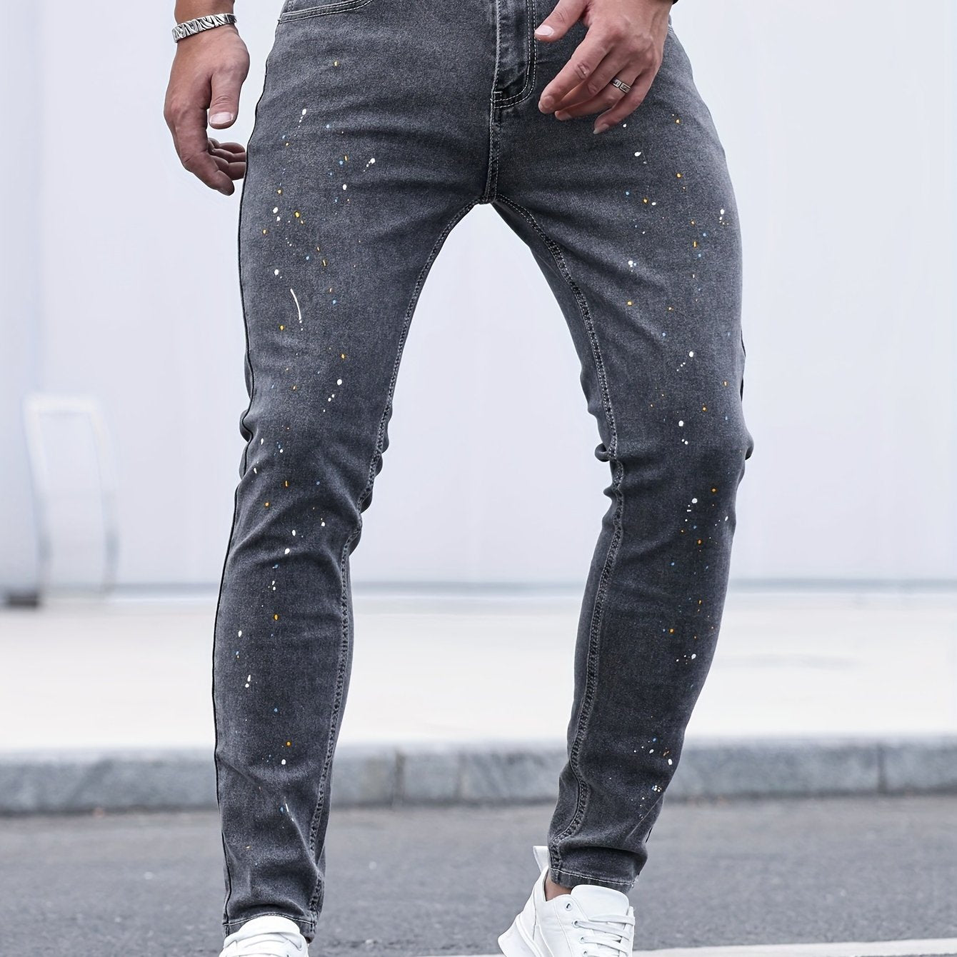Mid Stretch Slim Fit Jeans, Men's Casual Street Style Contrast Stitching Denim Pants For Spring Summer