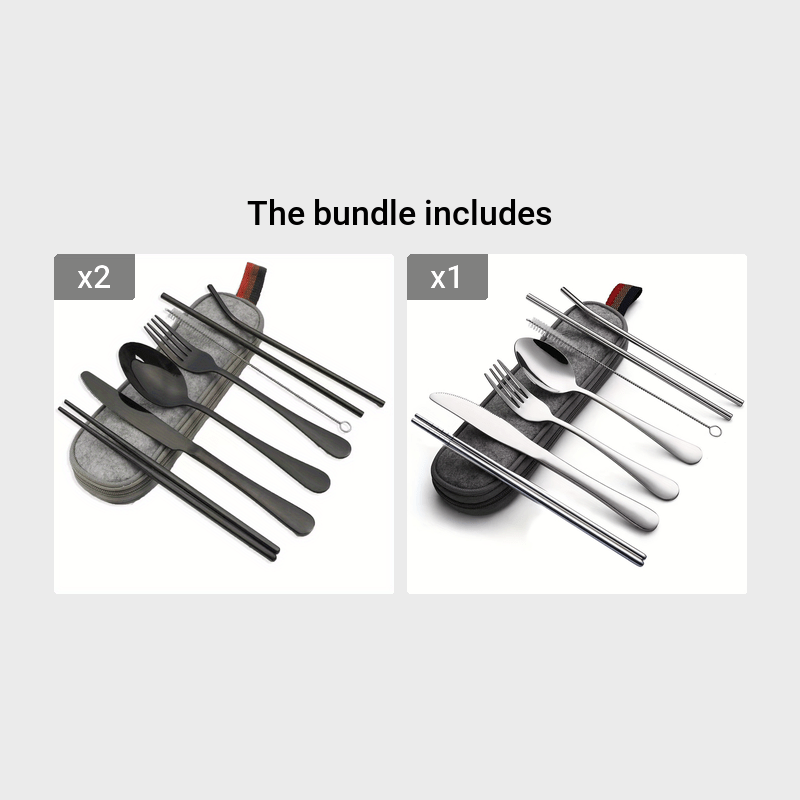 Portable Cutlery Set, 8pcs Travel Camping Utensil Kit with Fork, Spoon, Chopsticks, Cleaning Brush, Straw, and Carrying Case, Stainless Steel Cutlery Set