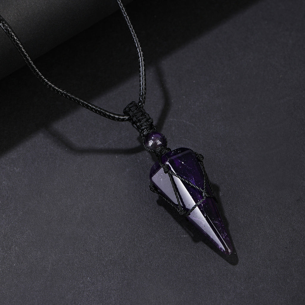 Natural Amethyst Crystal Hexagonal Cone Pendant - Stylish Men's Necklace with Braided Rope - Fashion Accessory