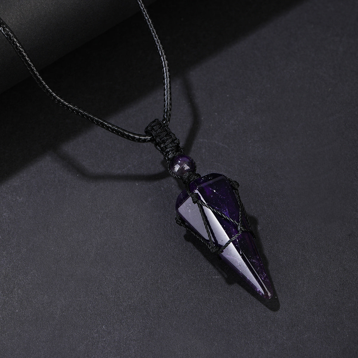 Natural Amethyst Crystal Hexagonal Cone Pendant - Stylish Men's Necklace with Braided Rope - Fashion Accessory