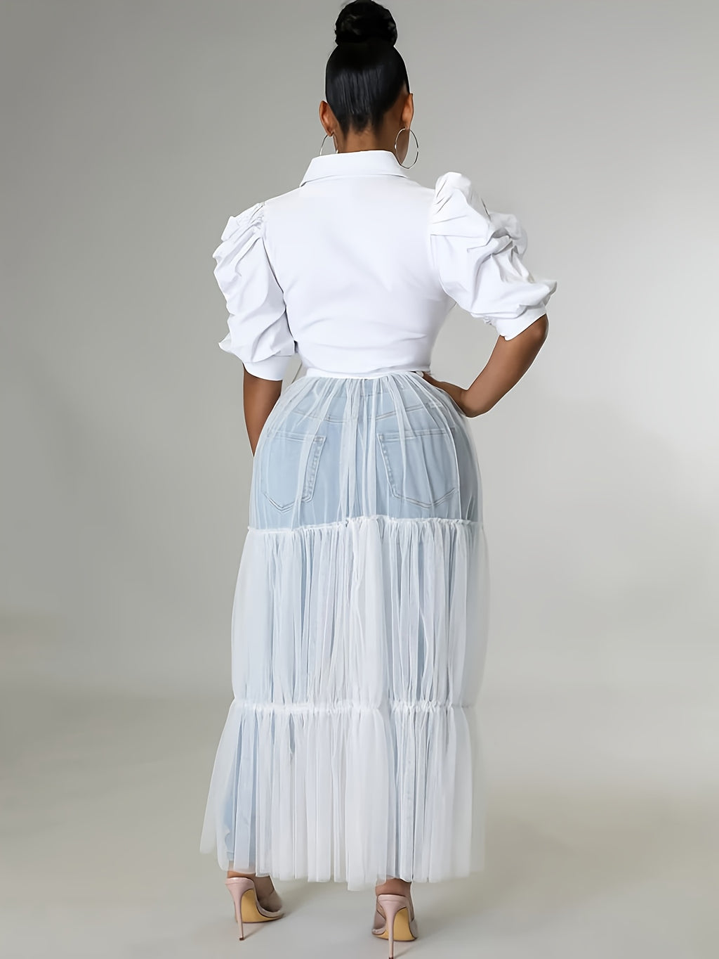 S390387 Sexy Lapel Short Sleeve Tie-Up Shirt Mesh Patchwork Dress