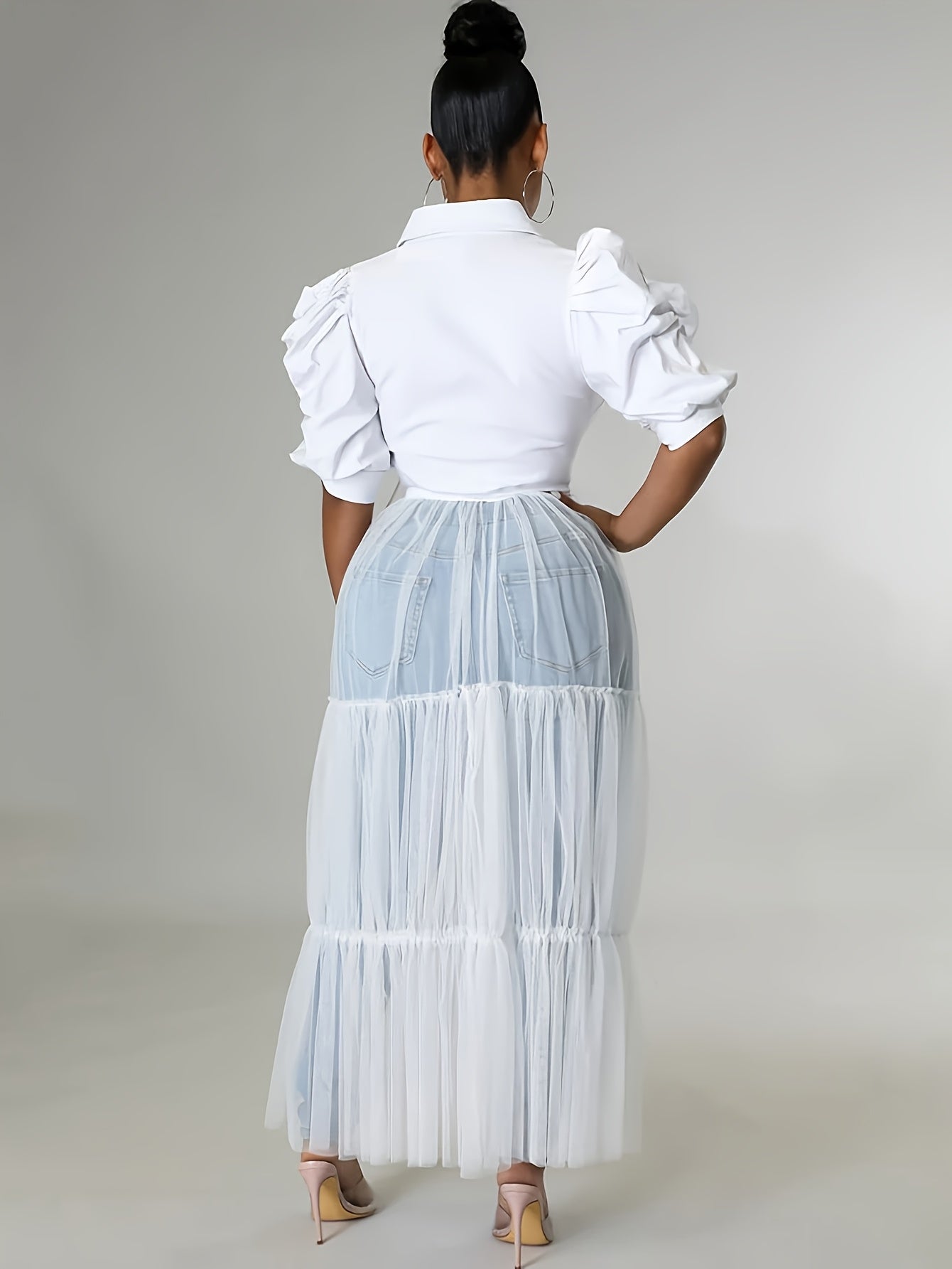 S390387 Sexy Lapel Short Sleeve Tie-Up Shirt Mesh Patchwork Dress