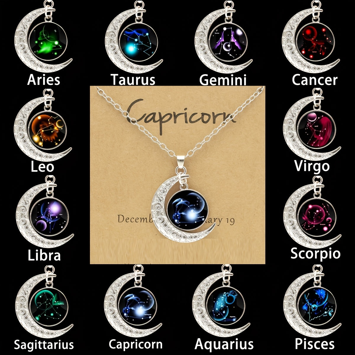 Glow-in-the-Dark Zodiac Necklace with Vintage Moon Pendant - Stylish Aquarius/Sagittarius/Leo/Leprechaun/Night & Sun Signs, Colorful Glass Charms, Zinc Alloy, Perfect Gift for Men
