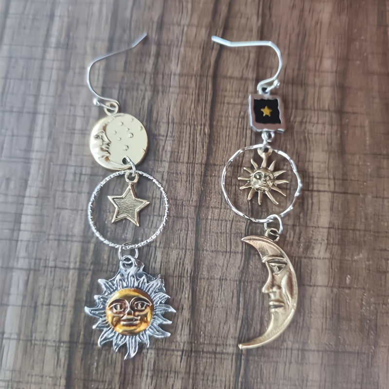Boho-Chic Sun and Moon Asymmetrical Dangle Earrings for Women – Vintage Alloy Jewelry with Intricate Celestial Design, Perfect for Casual Attire or, Everyday Jewelry | Vintage Aesthetic | Alloy Construction