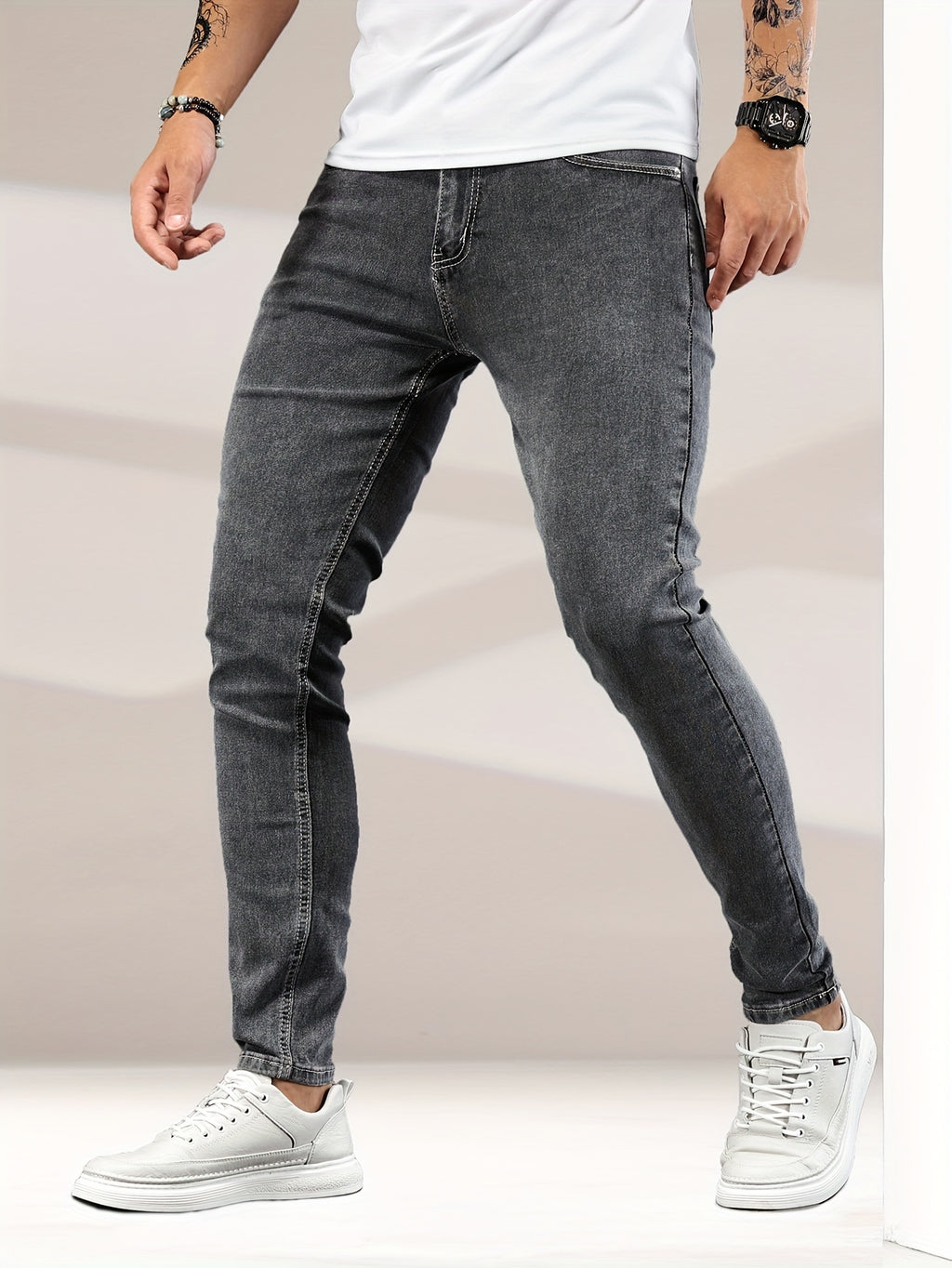 Mid Stretch Slim Fit Jeans, Men's Casual Street Style Contrast Stitching Denim Pants For Spring Summer