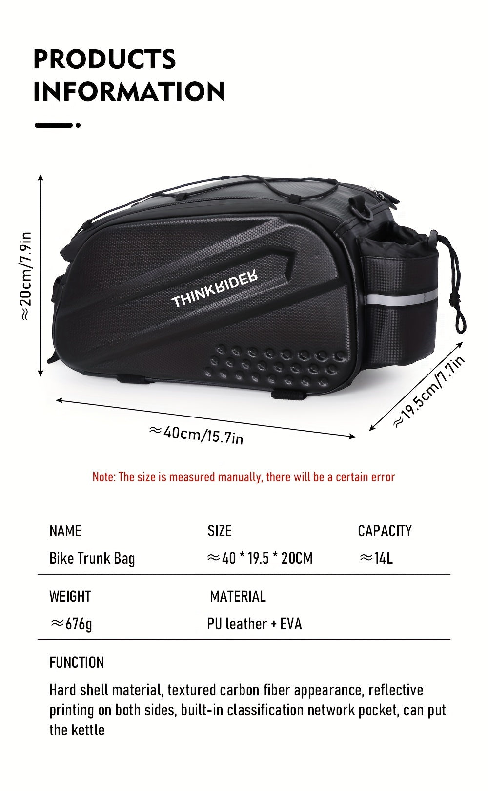 14L Hard Shell ThinkRider Bicycle Rear Hunch Bag - Anti-Splash Material, Rain Cover Included