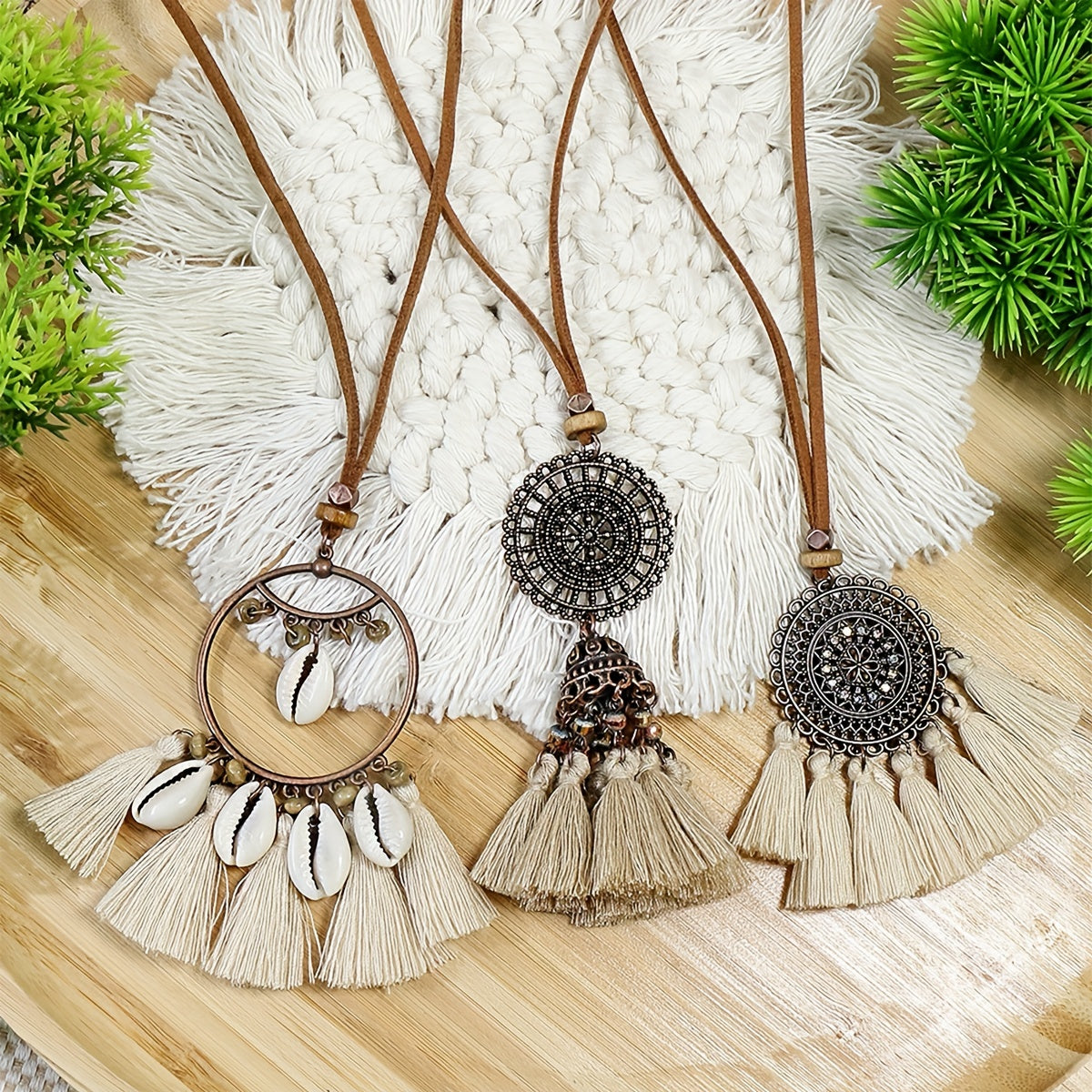 3pcs Ethnic Style Women's Fashion Pendant Necklace Set with Floral Tassel Pendant, Bronze Enamel Drip Zinc Alloy with Glass Rhinestone Inlay, Vintage Necklace