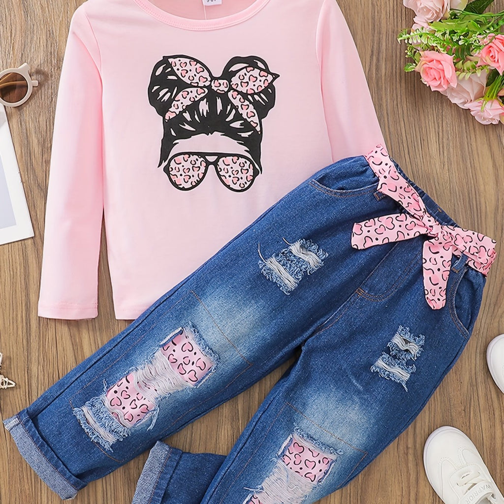 2pcs Girl's Figure Print Long-sleeve Tee and Belted Ripped Denim Jeans Set, Casual Outdoor Clothing