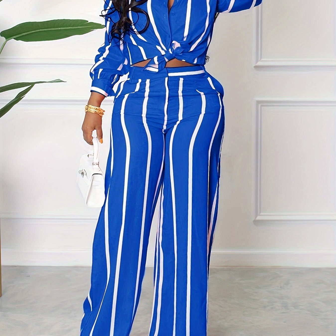 Women's Striped Print Two-piece Set - Button Front Collar Long Sleeve Shirt & High Waist Wide Leg Loose Pants Set - Casual Style - For Women - Perfect for Everyday Wear & Loungewear - Great Gift for Fashionable Women