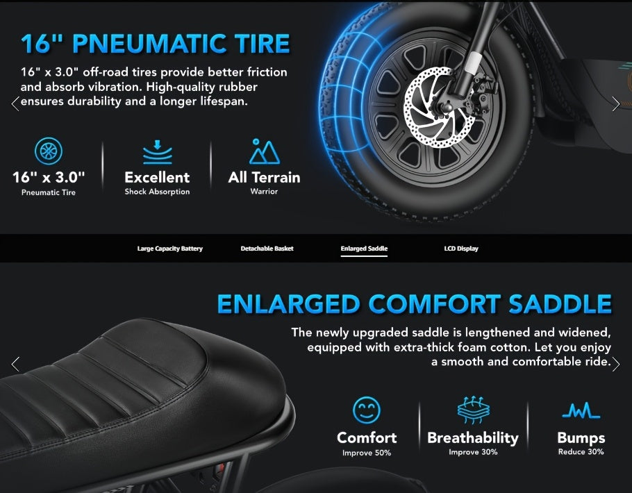 1pc Caroma 500W Electric Scooter for Adults with Seat & Basket, 16" Fat Tire, All-Terrain, 20MPH, 25Miles, 48V 7.8Ah Battery, Commuter & Off-Road E Scooter with LCD Display, Dual Disc Brake, 300lbs Max Load, Aluminum Wheels,