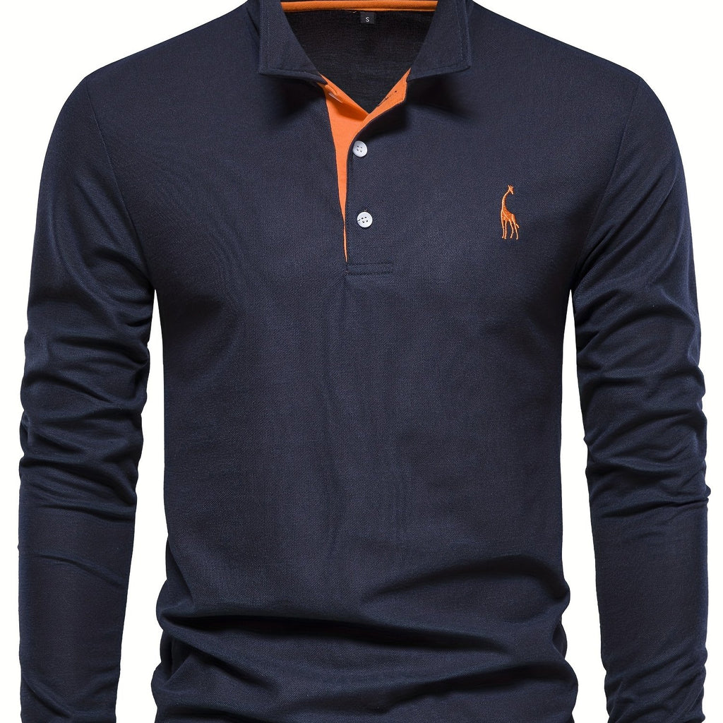 Men's Solid Giraffe Embroidery Long Sleeve Tennis Shirts, Slight Stretch All-match Fashion Men's Top