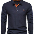 Men's Solid Giraffe Embroidery Long Sleeve Tennis Shirts, Slight Stretch All-match Fashion Men's Top