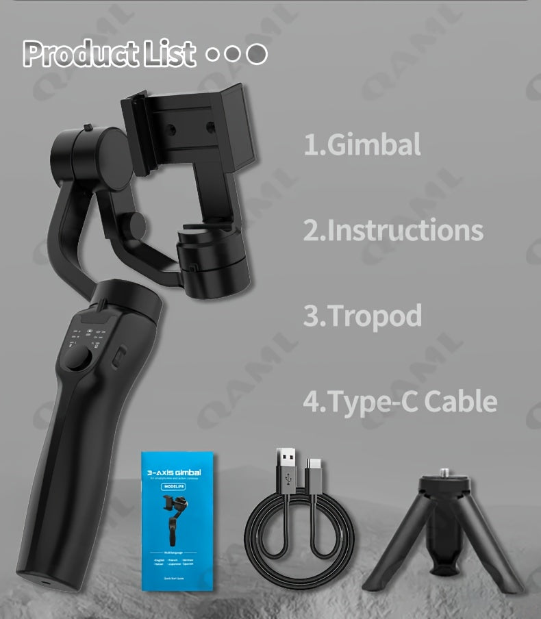 QAML F8 Handheld 3-As Gimbalfoonhouer Anti-skud Video-opname Stabiliseerder vir Xiaomi iPhone Selfoon Slimfoon