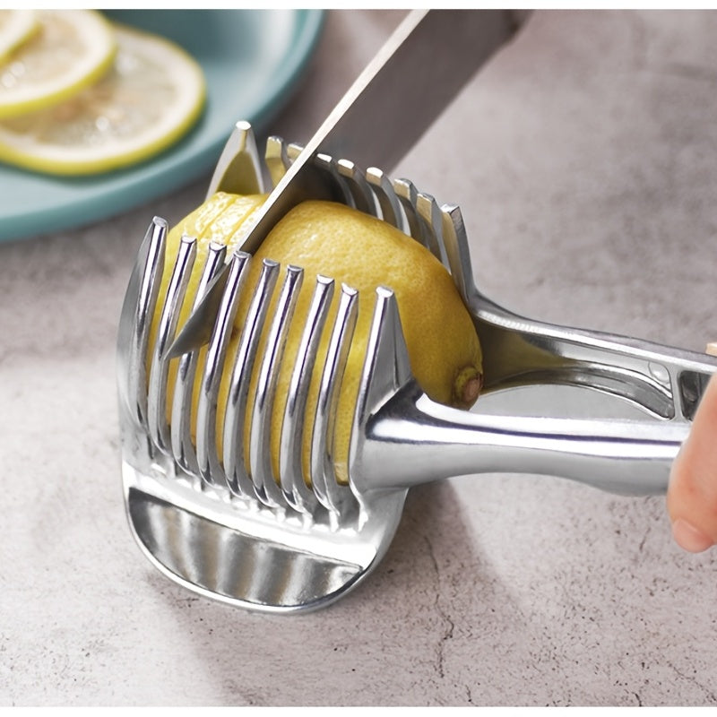 1pc Tomato Lemon Slicer, Round Fruit Onion Slicer with Knife Handle Guide Pliers, Stainless Steel Kitchen Potato Lime Food Holder