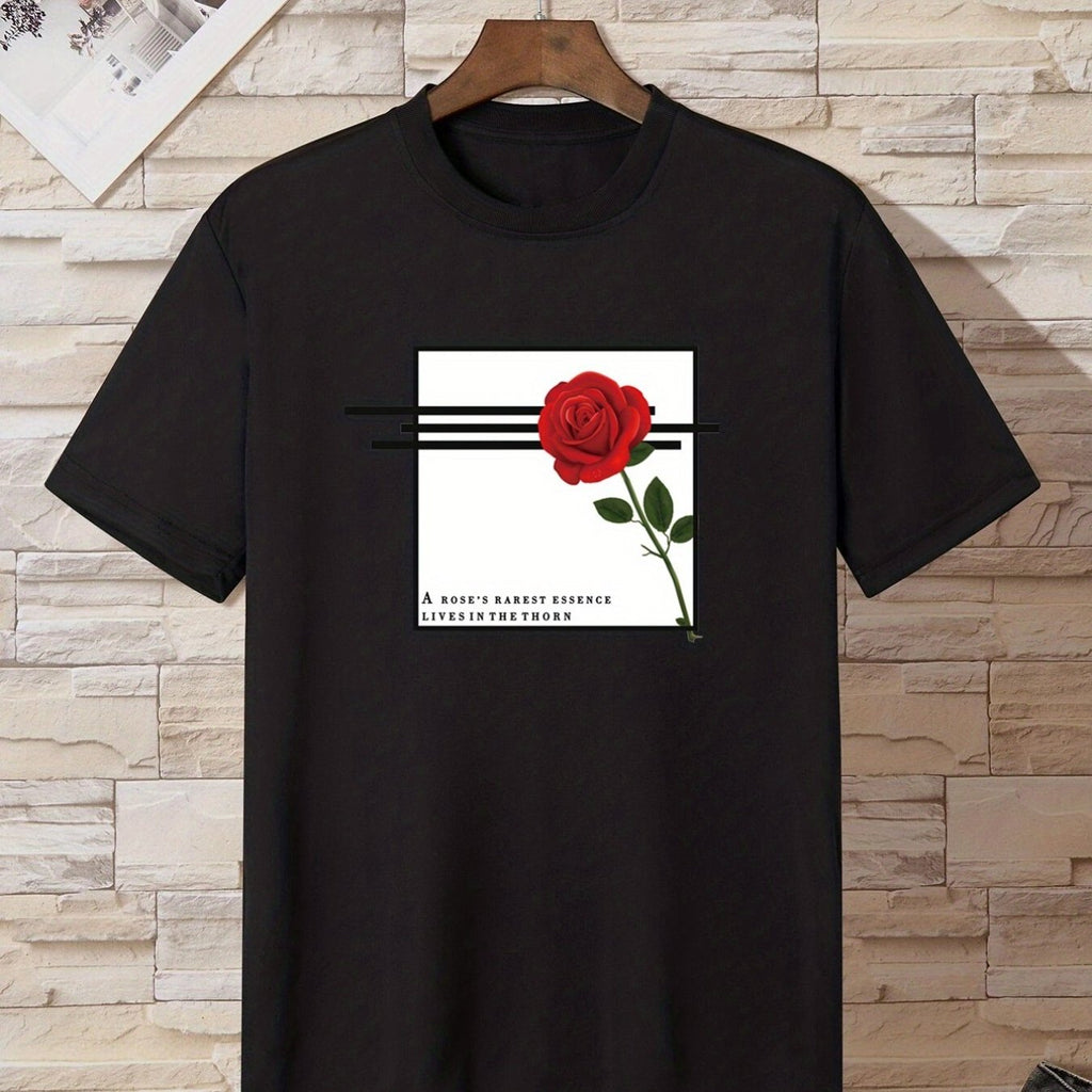 Men's Letter And Rose Graphic Crew Neck T-Shirts, Casual Sport Tees For Spring Summer