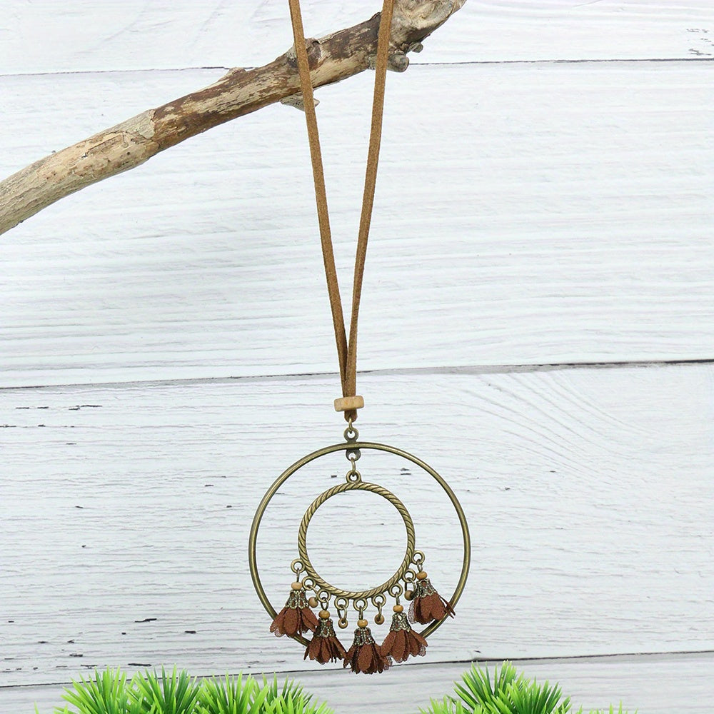 3pcs Ethnic Style Women's Fashion Pendant Necklace Set with Floral Tassel Pendant, Bronze Enamel Drip Zinc Alloy with Glass Rhinestone Inlay, Vintage Necklace