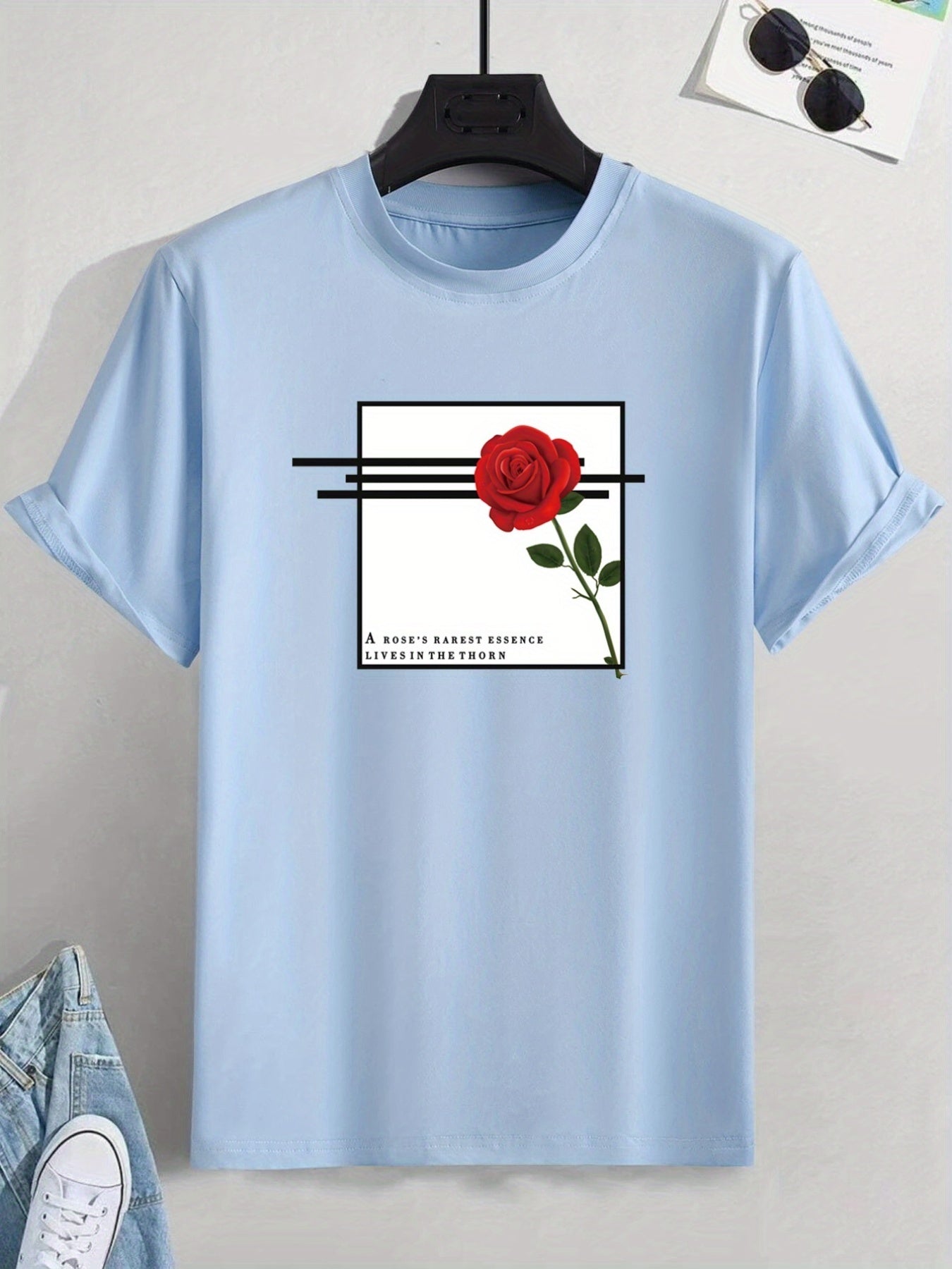 Men's Letter And Rose Graphic Crew Neck T-Shirts, Casual Sport Tees For Spring Summer