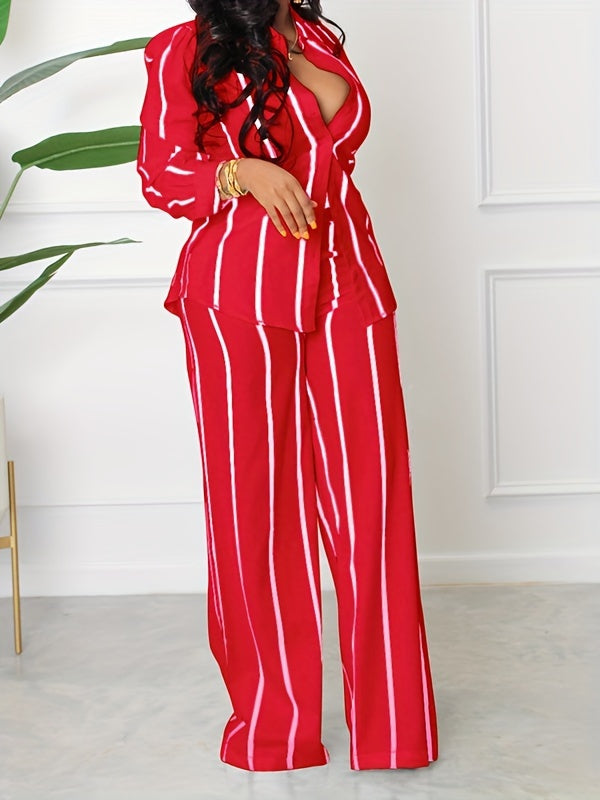Women's Striped Print Two-piece Set - Button Front Collar Long Sleeve Shirt & High Waist Wide Leg Loose Pants Set - Casual Style - For Women - Perfect for Everyday Wear & Loungewear - Great Gift for Fashionable Women