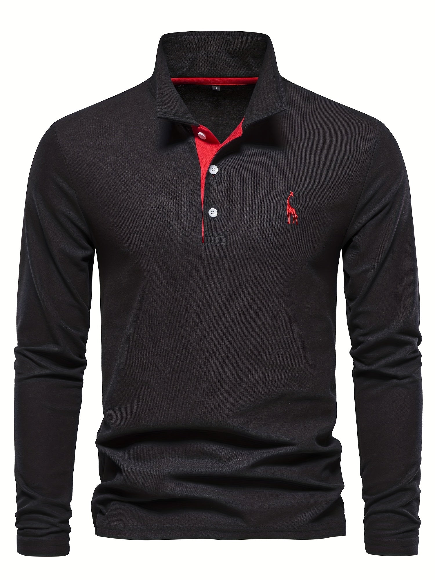 Men's Solid Giraffe Embroidery Long Sleeve Tennis Shirts, Slight Stretch All-match Fashion Men's Top