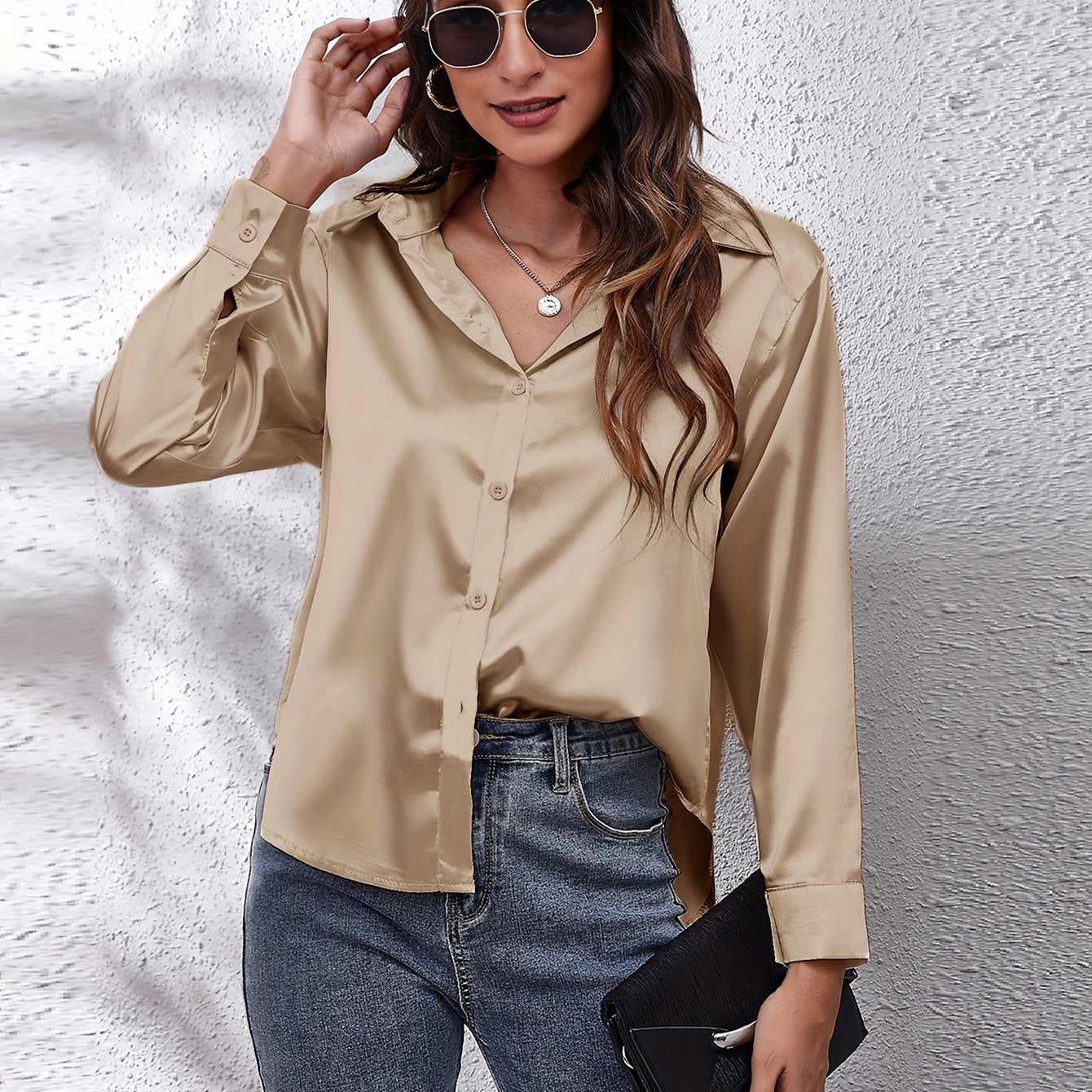 Hot Style In-Kind Shooting Satin Shirt Women'S Satin Imitation Long-Sleeved Shirt New European And American Cross-Border Women'S Clothing