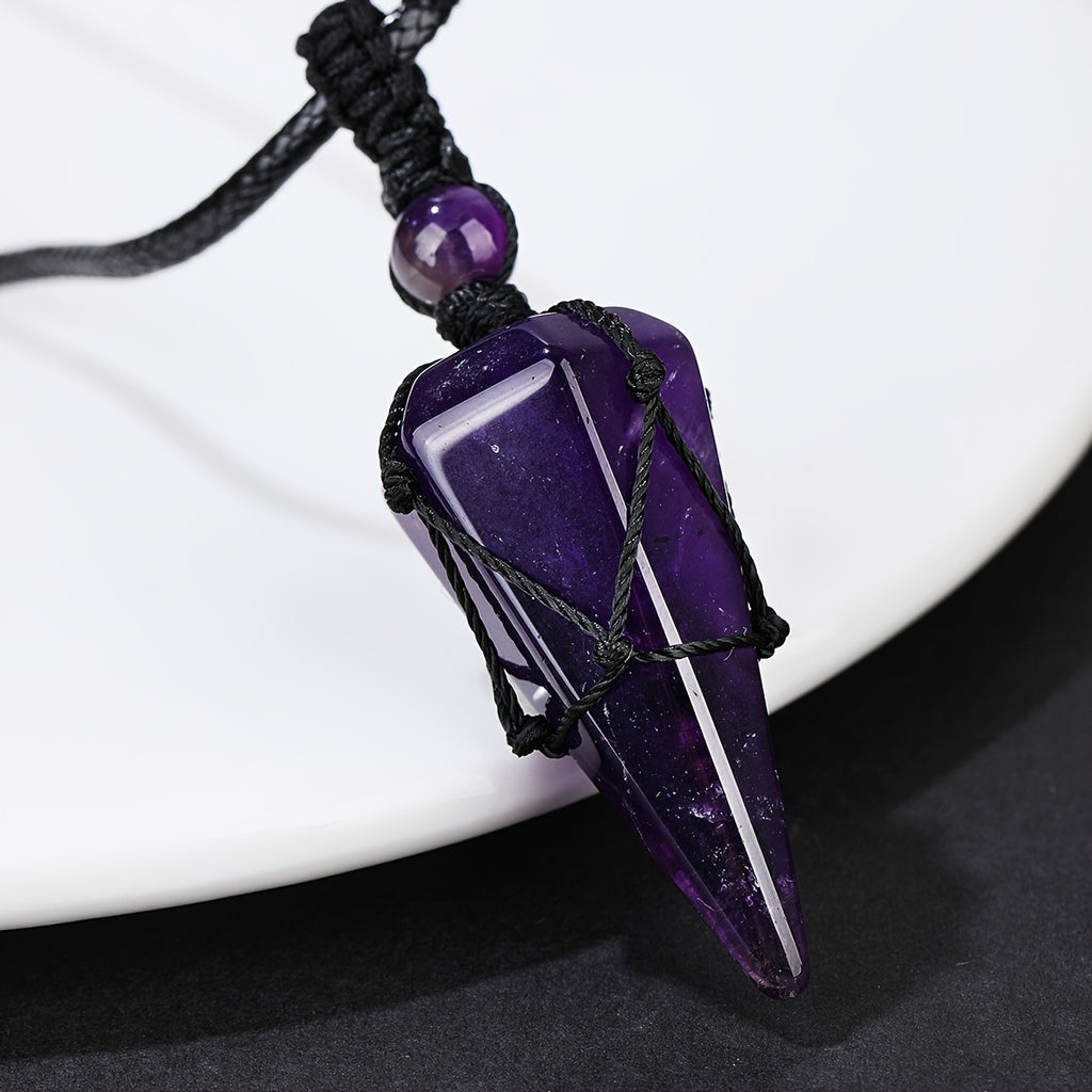 Natural Amethyst Crystal Hexagonal Cone Pendant - Stylish Men's Necklace with Braided Rope - Fashion Accessory