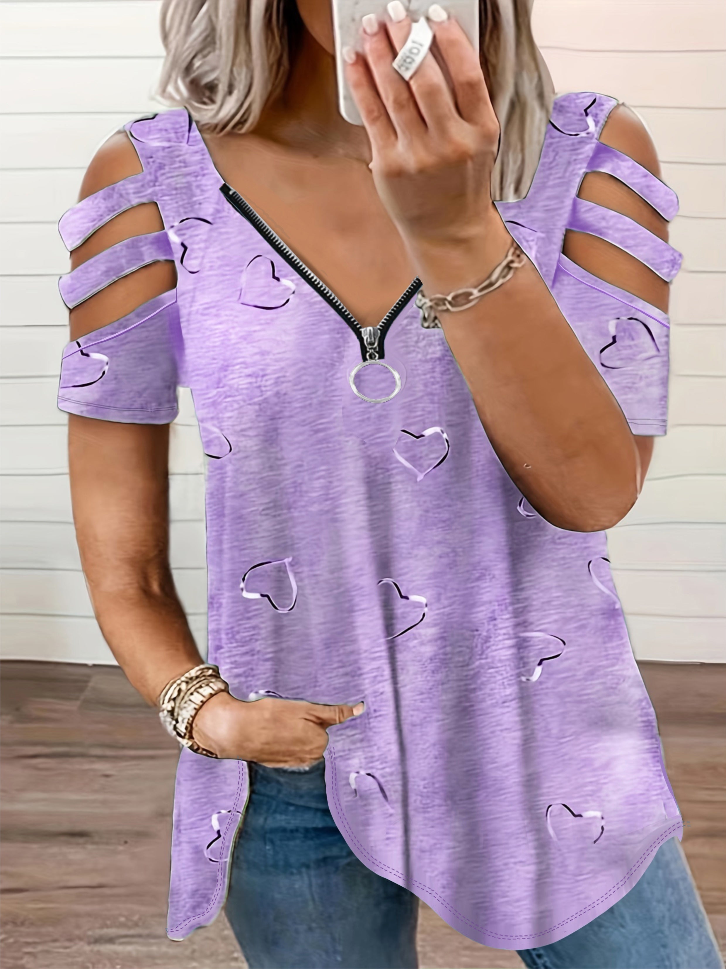 Plus Size, 2021 European and American Cross-Border Wish Women's Fashion V-Neck Zipper Print Short Sleeve Loose Casual T-Shirt Women's Top